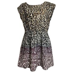 BeBop Boho Mini Dress M Leopard Damask Print Retro Fall Style Elastic Waist